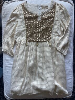 Peek Girls Cream Grid Dress with Gold Sequin Bib Size 12 but Sz tag is missing
